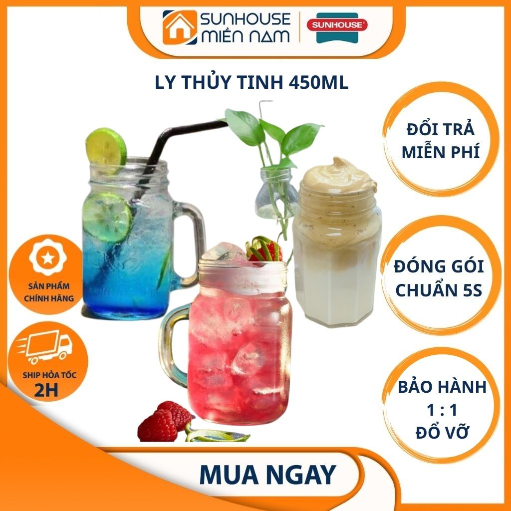 (HCM Giao 2H) Ly cốc thủy tinh ANPER 450ml cao cấp sang trọng dễ thương có quai nắp dùng quán nước uống cà phê sinh tố