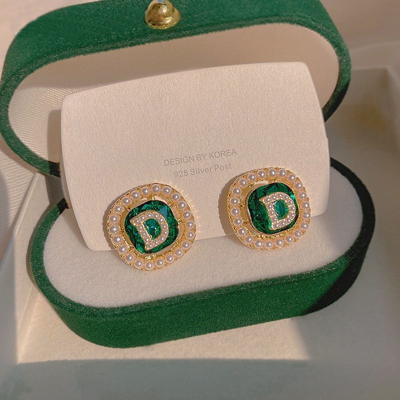 Bông Tai Mạ Bạc 925 Hình Chữ D Đính Ngọc Trai Sang Trọng Thời Trang