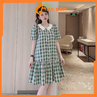 Váy bầu công sở - đầm bầu mùa hè kẻ xanh chất thô hàn mềm mịn BN45 - Shop Mẹ Ken