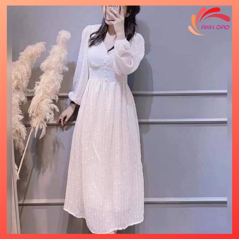 Váy nữ dự tiệc cổ V dáng xòe Vintage đính ngọc chất ren nhũ cao cấp màu trắng nude V148 full size AĐ BOUTIQUE