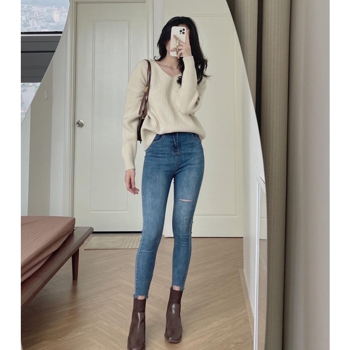 Quần skinny jeans xanh rách đùi cắt gấu trước ôm dáng phong cách trẻ trung siêu hot | BigBuy360 - bigbuy360.vn