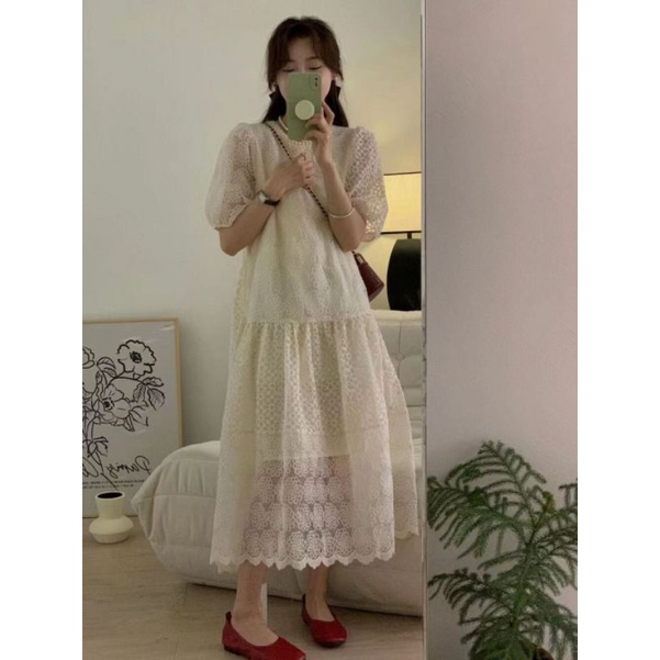 Váy trắng babydoll dáng dài ren hoa xinh đẹp