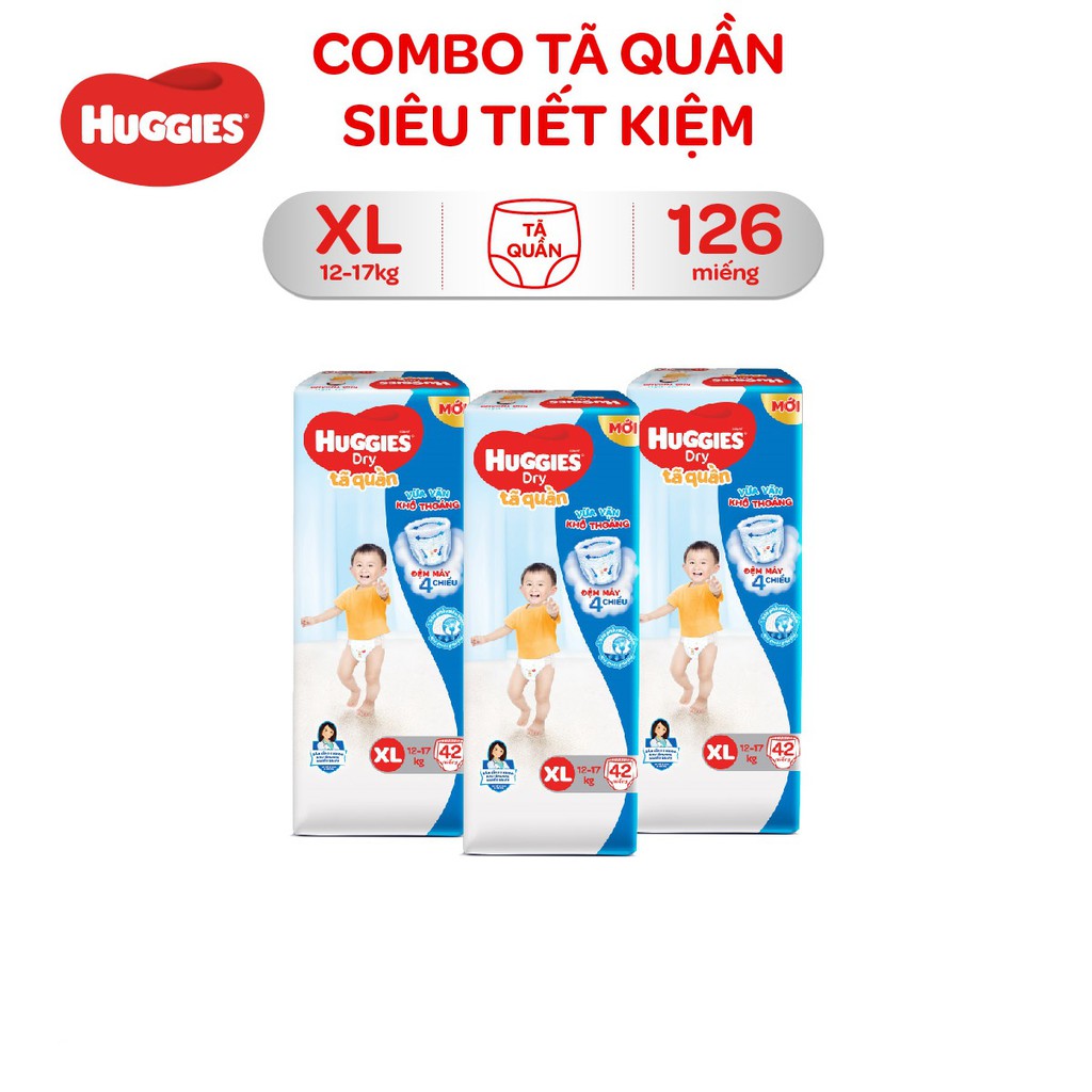 Combo 3 Tã Quần Huggies Siêu Tiết Kiệm M162/L144/XL126/XXL114:L48