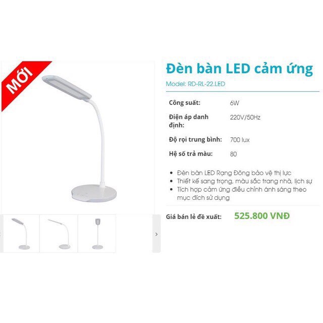 Đèn bàn Led cảm ứng 3 màu ánh sáng chống cận thị RĐ RL-22 LED RẠNG ĐÔNG