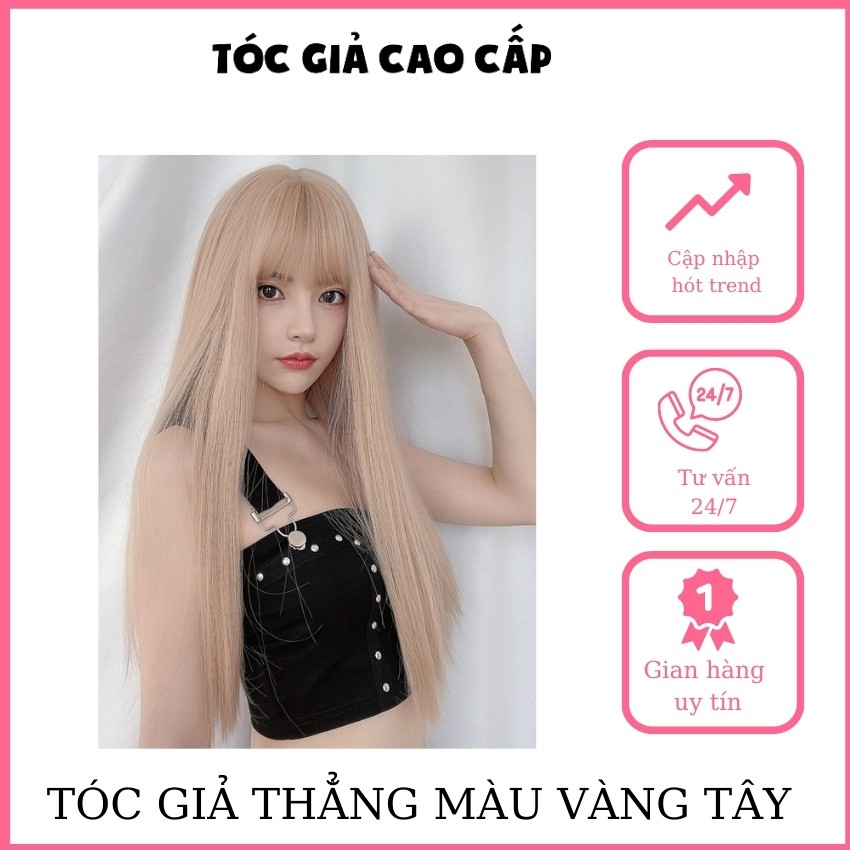 Tóc giả nữ nguyên đầu thẳng màu vàng tây, tặng lưới trùm tóc, mã z7007