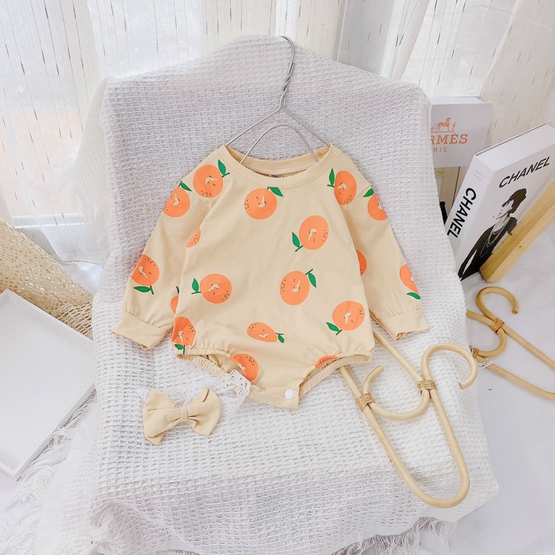 Bodysuit Dài Tay Quả Cam Cotton Cho Bé Gái Sơ Sinh 0-12 Tháng Kèm Turban, Váy Đầy Tháng, Bodysuit Sơ Sinh.