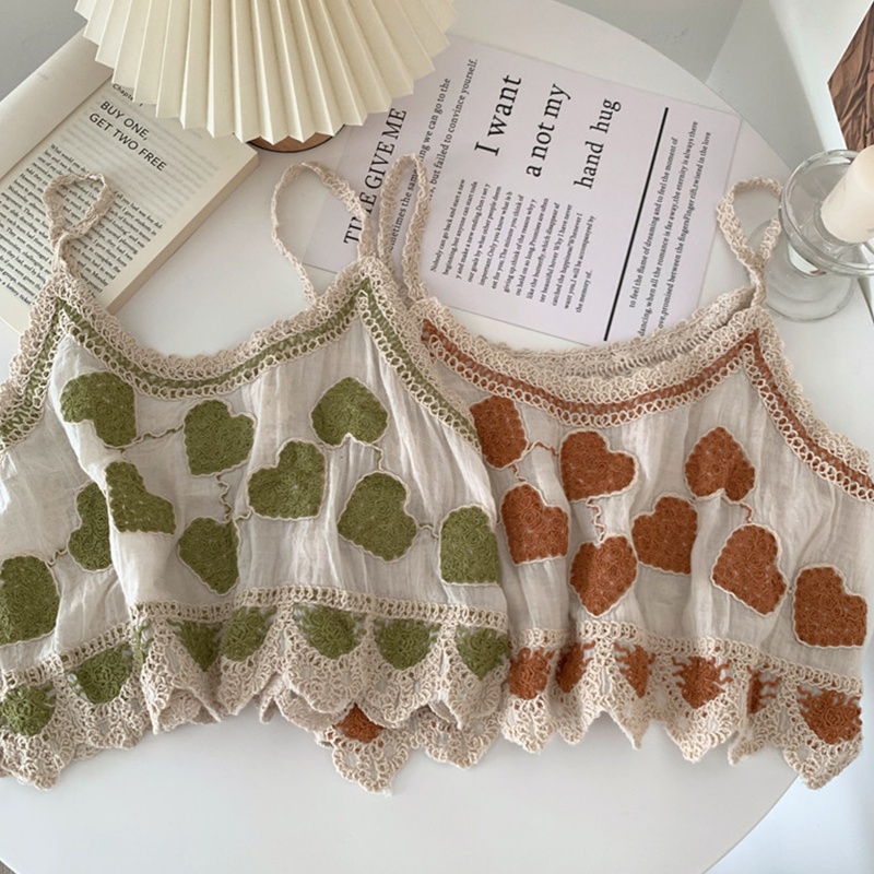 Áo Croptop Hai Dây Chất Liệu Cotton Lanh Thêu Họa Tiết Trái Tim Phong Cách Vintage Cho Nữ