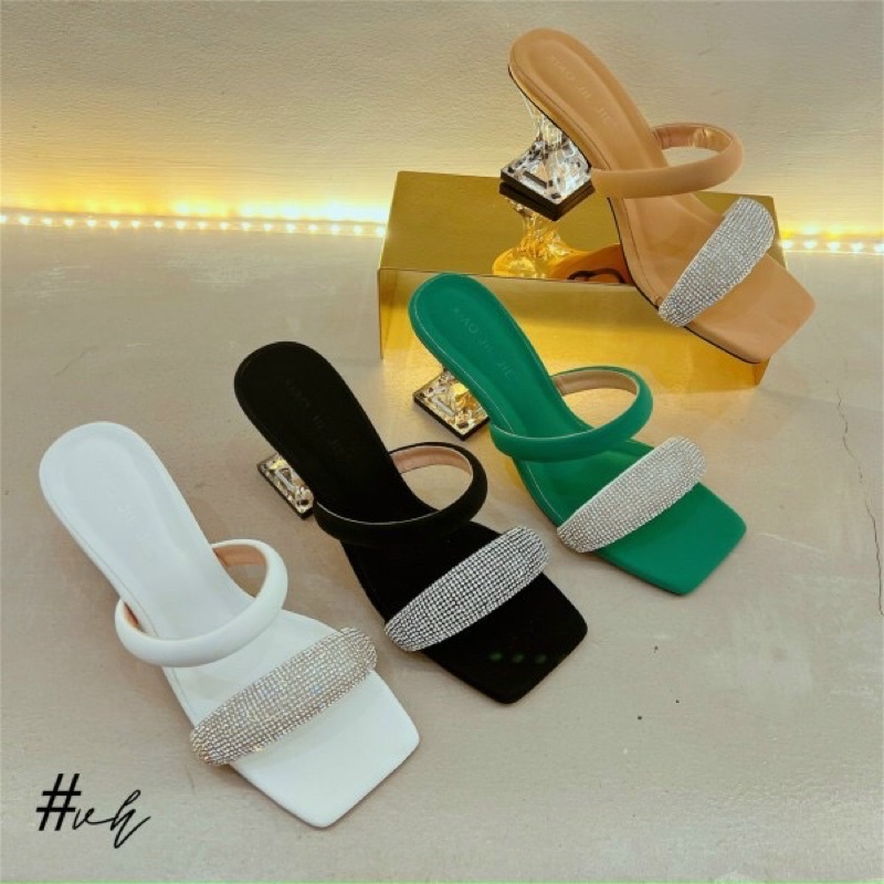 GUỐC NỮ QUAI PHỐI XOÀN ĐÁ GÓT THUỶ TINH 7CM TRENDY 2022