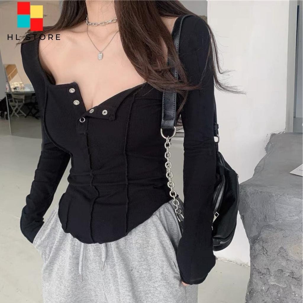 Áo thun nữ dài tay ôm body phối nút bấm dạng cổ chữ U 2 màu basic trắng, đen chất thun gân dày dặn co giãn tốt  HL03