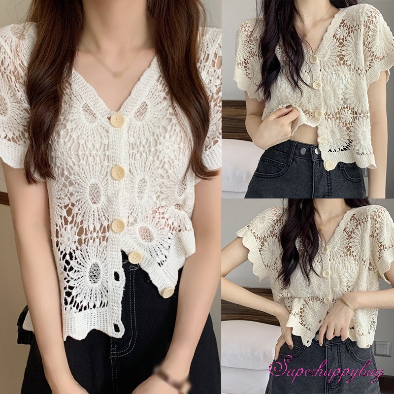 Áo Thun Ngắn Tay Cổ Chữ V Thiết Kế Lỗ Rỗng Thời Trang Mùa Hè Cho Nữ