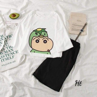 Sét Bộ Đồ Hoạt Hình Cartoon Nam Nữ Mặc Ở Nhà Siêu Xinh Cute - Áo Cotton Organic In Bé Má Phồng Mix Quần Đùi Kaki