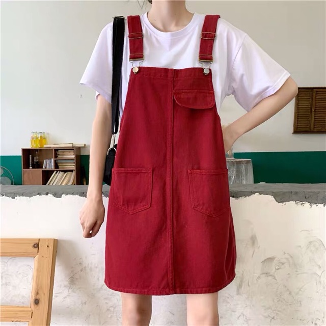 {order bigsize,s-5xl}Váy Yếm jean đỏ dáng xuông xinh xắn