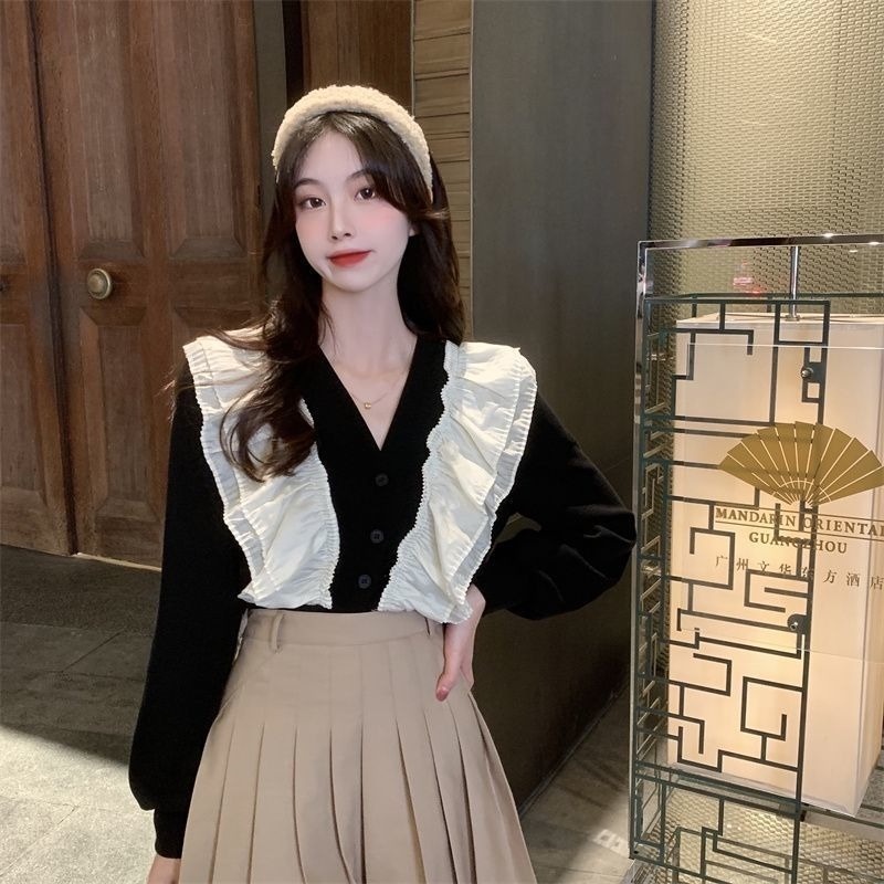 Áo Sơ Mi Tay Dài Cổ Chữ V Dáng Rộng Thiết Kế Nhún Bèo Phong Cách Mùa Đông Mới Cho Nữ