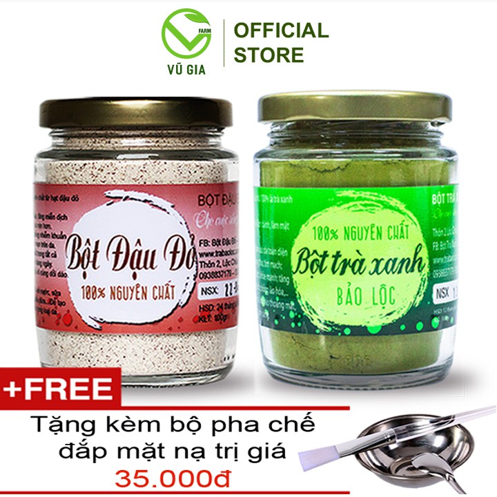 Combo Bột Trà Xanh + Bột Đậu Đỏ Nguyên Chất VG Farm (100g/hũ) + Tặng Bộ Đắp Mặt