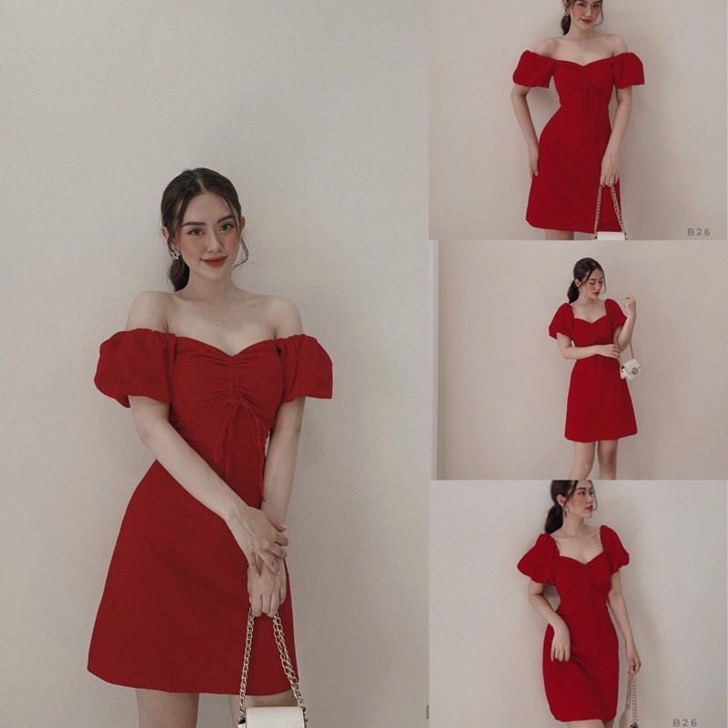 Đầm form A nhíu ngực tay phồng vải đũi 3 màu siêu xinh