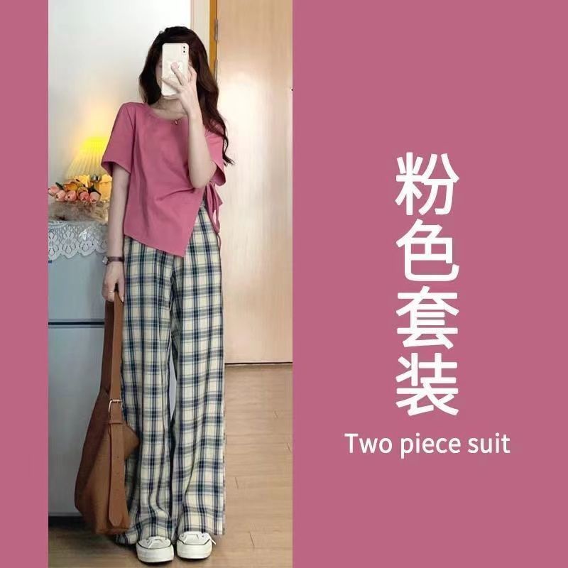 [Spot] Set Áo + Quần Ống Rộng Màu Trơn Cột Dây Thời Trang retro Phiên Bản Hàn Quốc