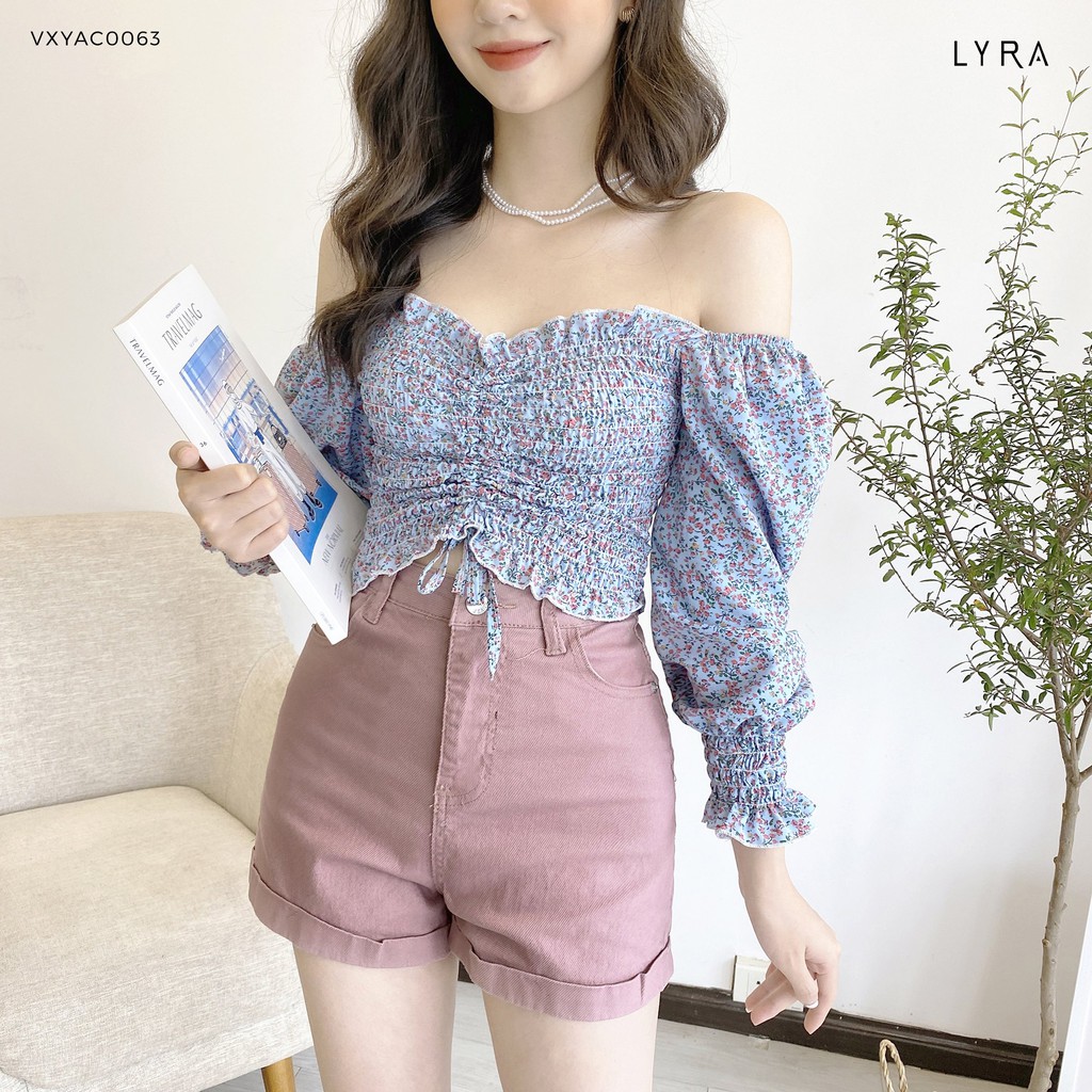 Áo kiểu nữ hoa nhí LYRA, áo dáng ôm chun chỉ thân dài tay vintage phong cách Hàn Quốc-VXYAC0063