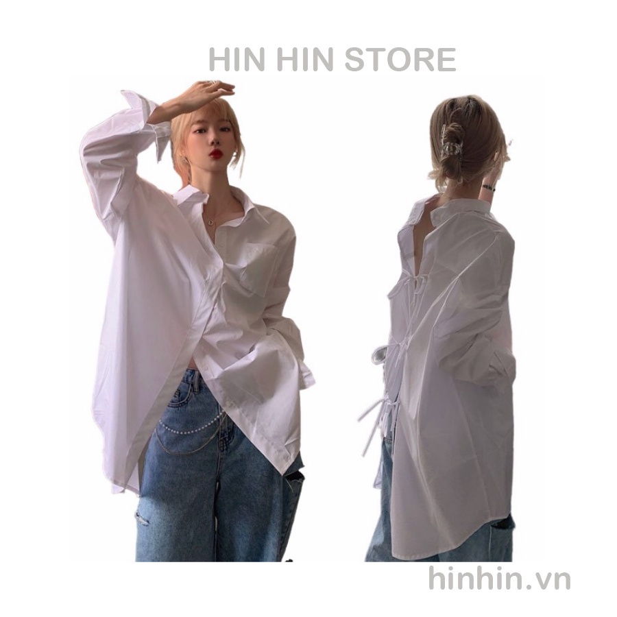 Áo sơ mi form rộng đan dây lưng cá tính màu trắng HAF37 - Hỉn Hỉn Store