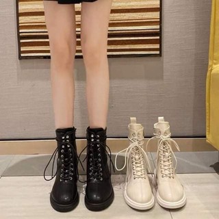 Giày Bốt Martins Nữ Boots Cao Cổ Da Mềm Đế Bằng Khóa Kéo Cạnh