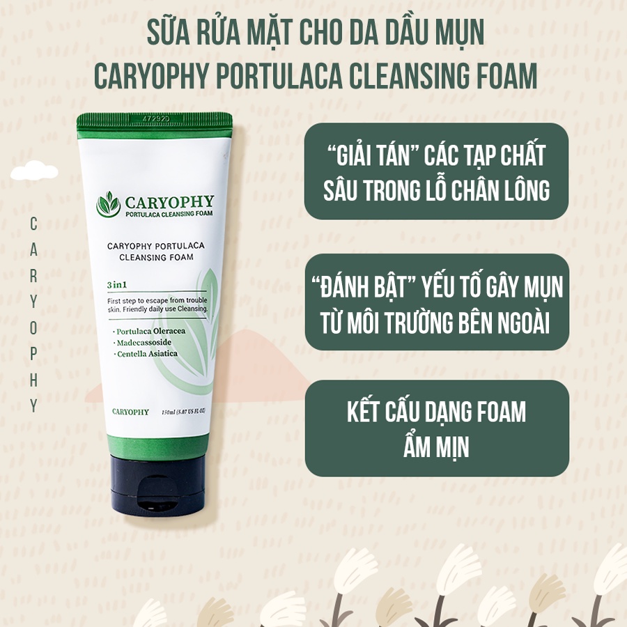 Bộ chăm sóc da mụn Caryophy Portulaca (sữa rửa mặt 150ml toner 300ml serum 10ml)