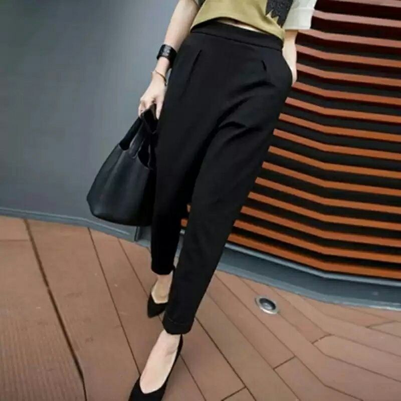 Quần baggy nữ công sở cạp chun vải UMI co giãn màu đen ống bó lưng thun dáng dài - Quần tây nữ lưng cao đi học ống côn