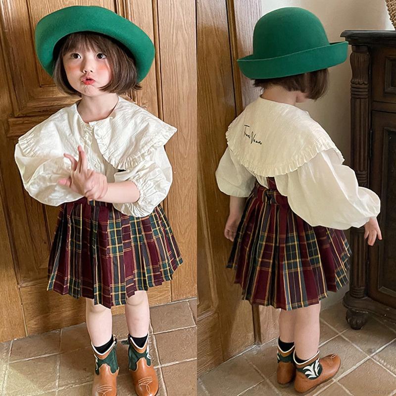 Bộ áo sơ mi cổ bẻ tay dài + chân váy yếm kẻ sọc caro dễ thương cho bé gái 3-8 tuổi