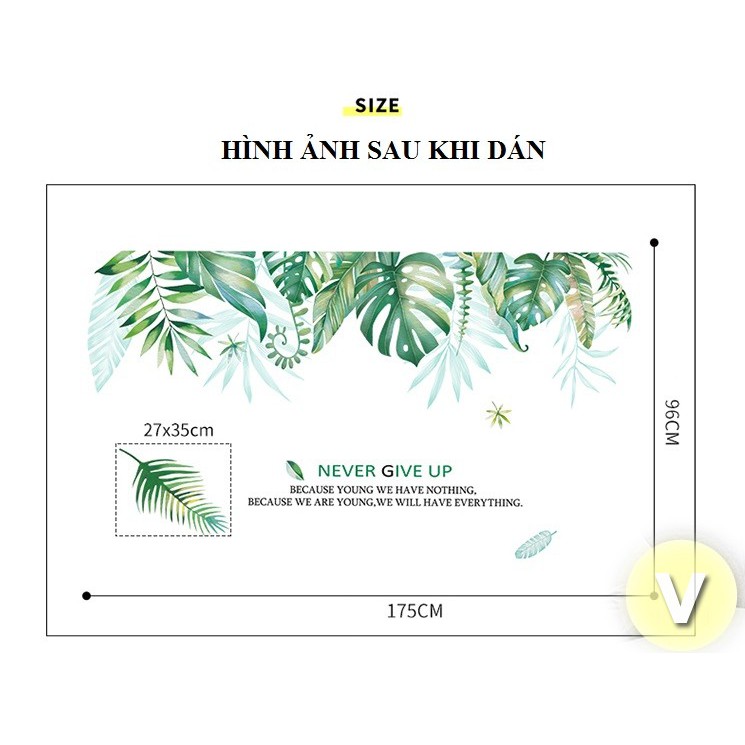 Decal dán tường Tán lá nhiệt đới Never give up