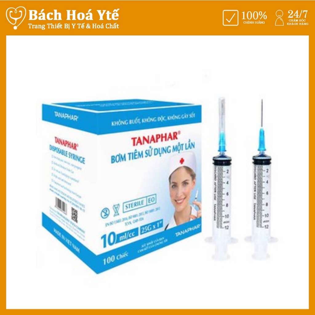 Bơm tiêm dùng 1 lần Việt Nam TANAPHAR bơm 10ml (hộp 100 cái) chính hãng.