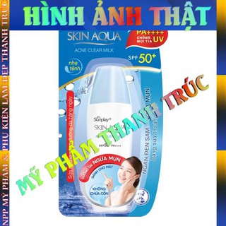 Sunplay Skin Aqua Acne Clear Milk SPF50+, PA++++: Sữa chống nắng dưỡng da ngừa mụn