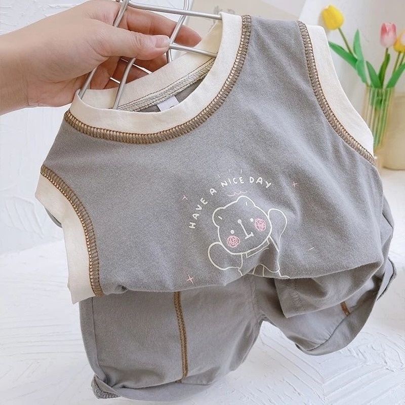 Set đồ mùa hè 2 món gồm áo ba lỗ cotton nguyên chất in họa tiết hoạt hình + quần ngắn mỏng thời trang cho bé trai