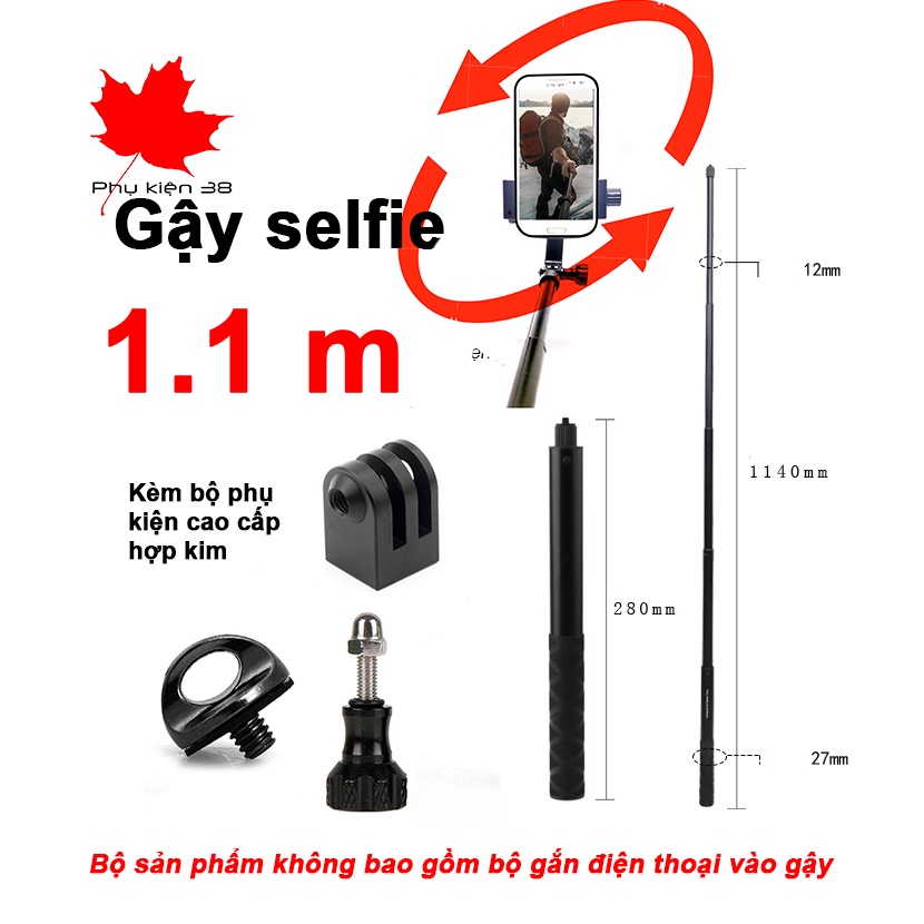 Gậy chụp hình - selfie tự sướng 1.1m dùng cho điện thoại, gopro, sjcam eken insta360 hợp kim nhôm - gậy không có tripod