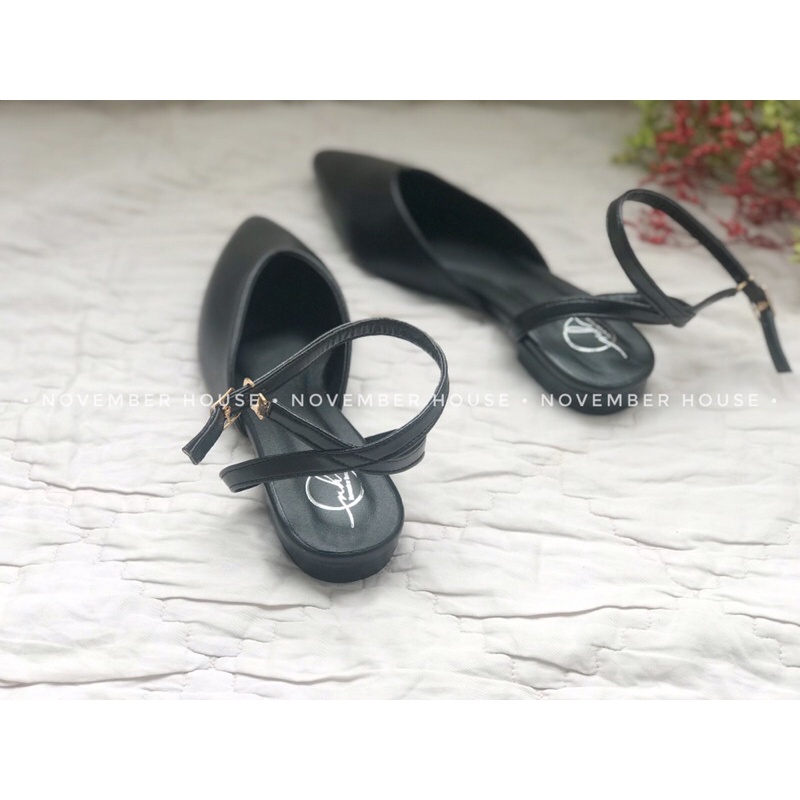 [Free Ship] Giày búp bê nữ gót thấp kiểu dáng mũi tim đơn giản có dây sandal màu đen, kem DQ211001