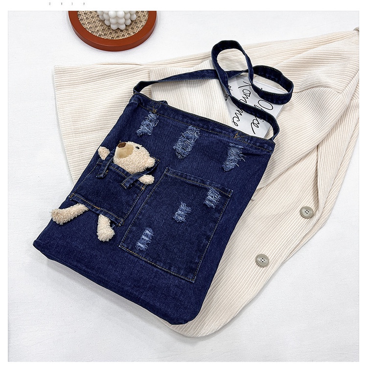 Túi Đeo Vai Vải Denim Sức Chứa Lớn Mẫu 2022 Mới In Họa Tiết Gấu Dễ Thương Cho Học Sinh