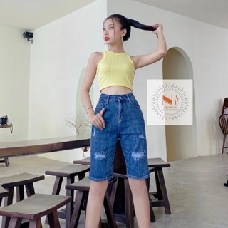 Quần Jean nữ ❤FreeShip❤  KAVO BLUE Dáng Ngố rách gối màu xanh đậm cạp cao