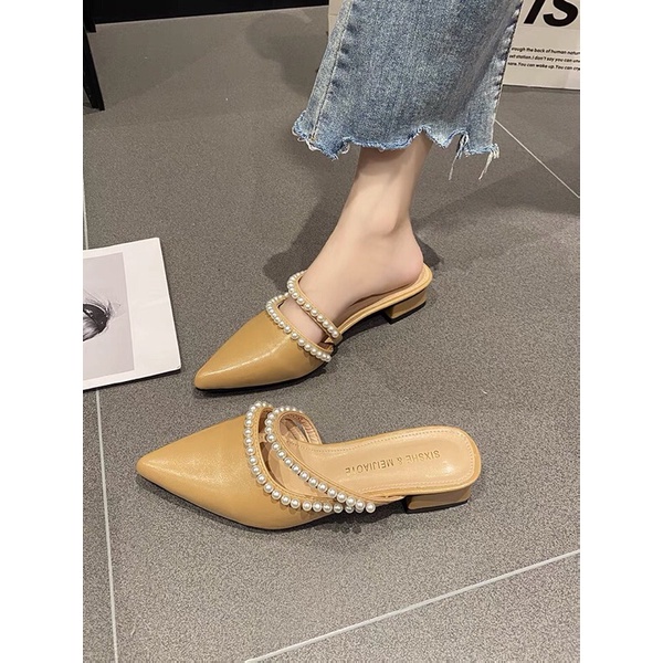 [Free Ship] Giày sục nữ gót thấp mũi nhọn phối 2 dây chéo đính hạt ngọc bản nhỏ TT40 shose_fashion13