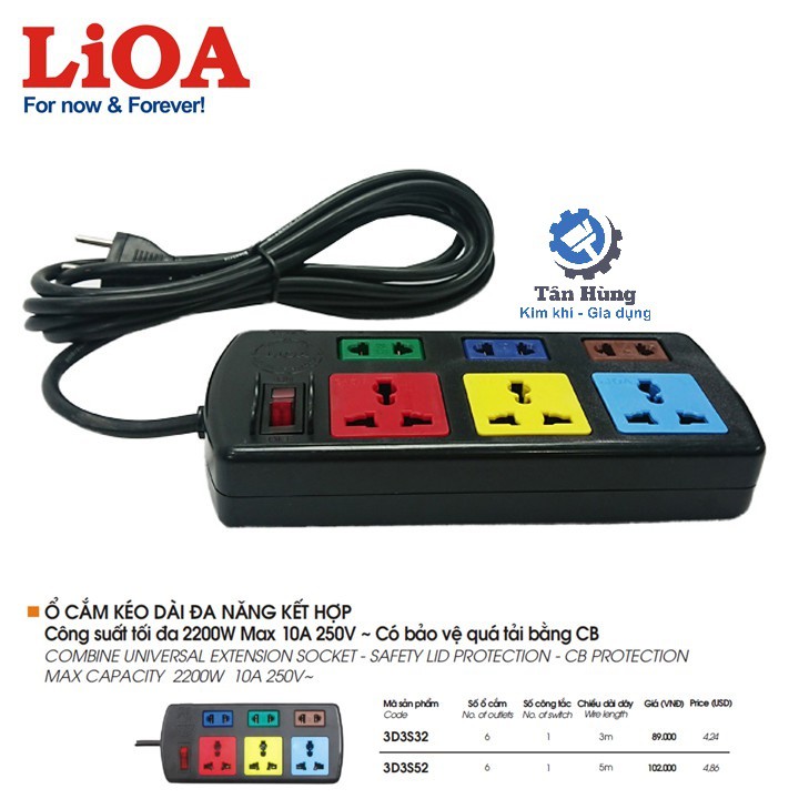 Ổ cắm điện LiOA kéo dài 6 ổ có công tắc 3D3S32/3D3S52 dây dài 3m / 5m