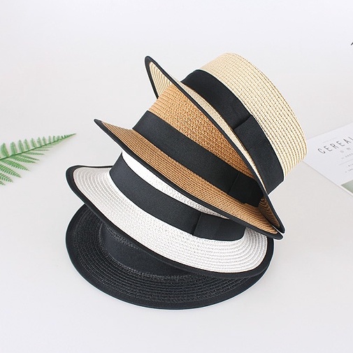 Nón Cói Vintage Viền Đen Thắt Nơ Vuông Kiểu Dáng Mũ Cói Boater Tiểu Thư Tặng Kèm Hộp Giữ Form Nón