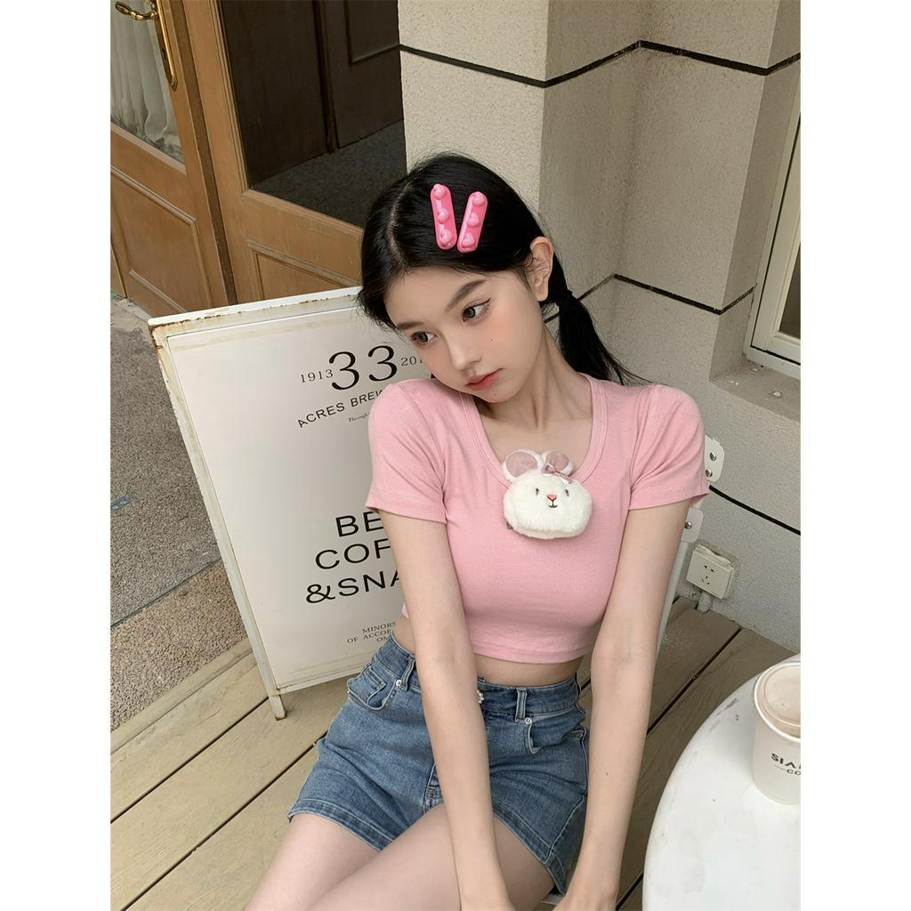 Xiaozhainv Áo Thun Croptop Tay Ngắn Cổ Tròn Dáng Ôm Phối Lông Thỏ Thời Trang Xinh Xắn Cho Nữ