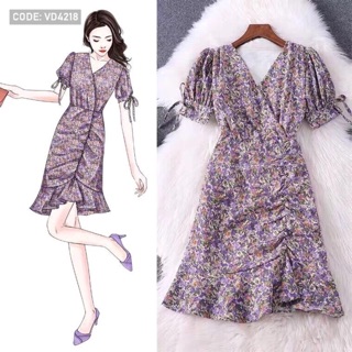 Đầm hoa nhí tím tay phồng cổ đắp chéo