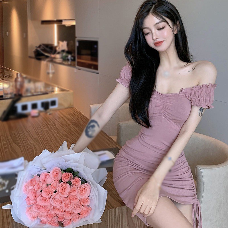 Đầm ngắn tay thiết kế trễ vai phong cách Hàn Quốc quyến rũ