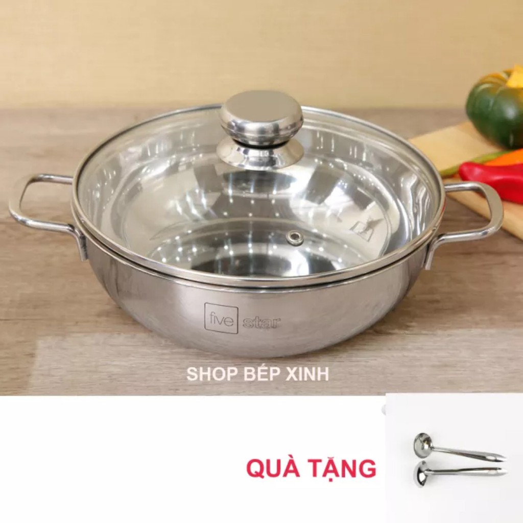 Nồi lẩu 3 đáy sandwich inox 430 Fivestar Standard nắp kính (24cm-26cm-28cm ),tặng 2 vá canh inox