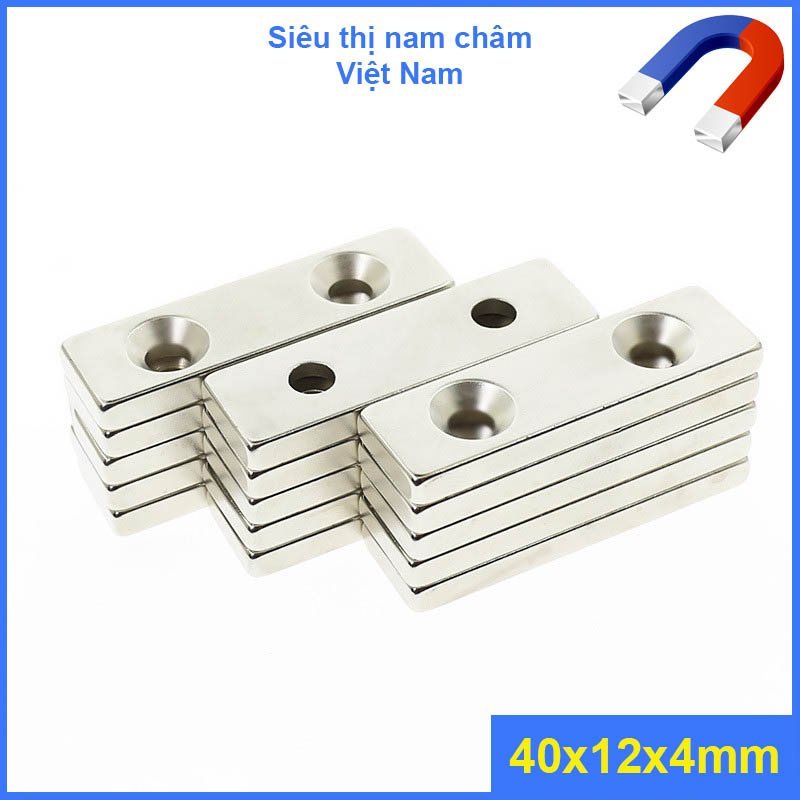 Nam châm trắng chữ nhật 2 lỗ côn ( 40 x 12 x 4mm ) siêu mạnh