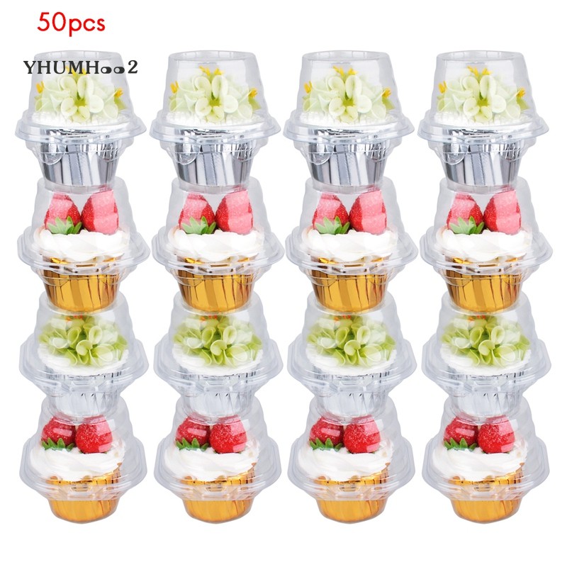 50 Pack Individual Cupcake Containers Disposable with Connected Lid Stackable Single Cupcake Boxes Clear Muffin Holders