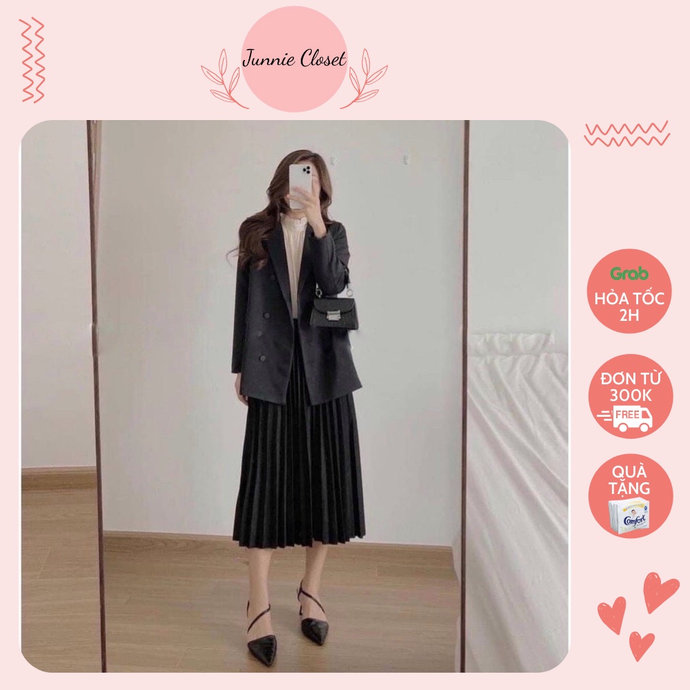 Chân váy xếp ly đen Hàn Quốc Midi dáng dài xếp li nữ tính Junnie Closet