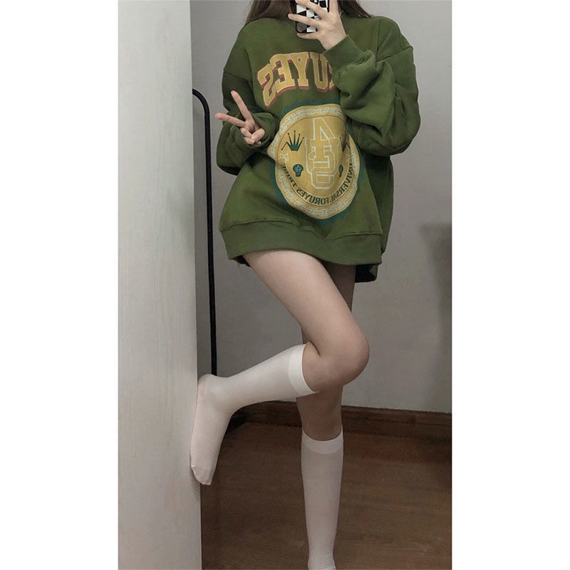 Áo khoác sweatshirt dáng rộng mỏng màu xanh lá cây phong cách retro thời trang | BigBuy360 - bigbuy360.vn