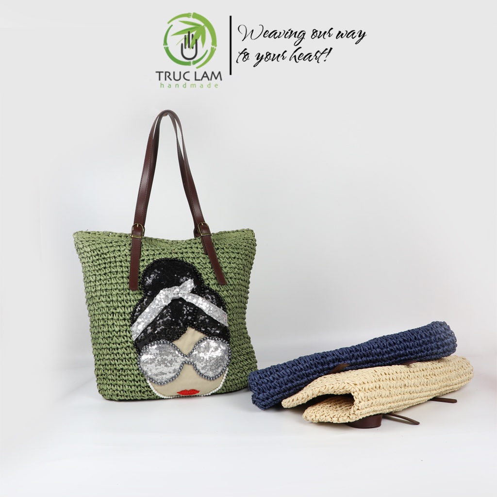 Túi Cói Tote Thời Trang Nữ Quai Da Thêu Cườm Hình Mặt Cô Gái - Trúc Lâm Handmade