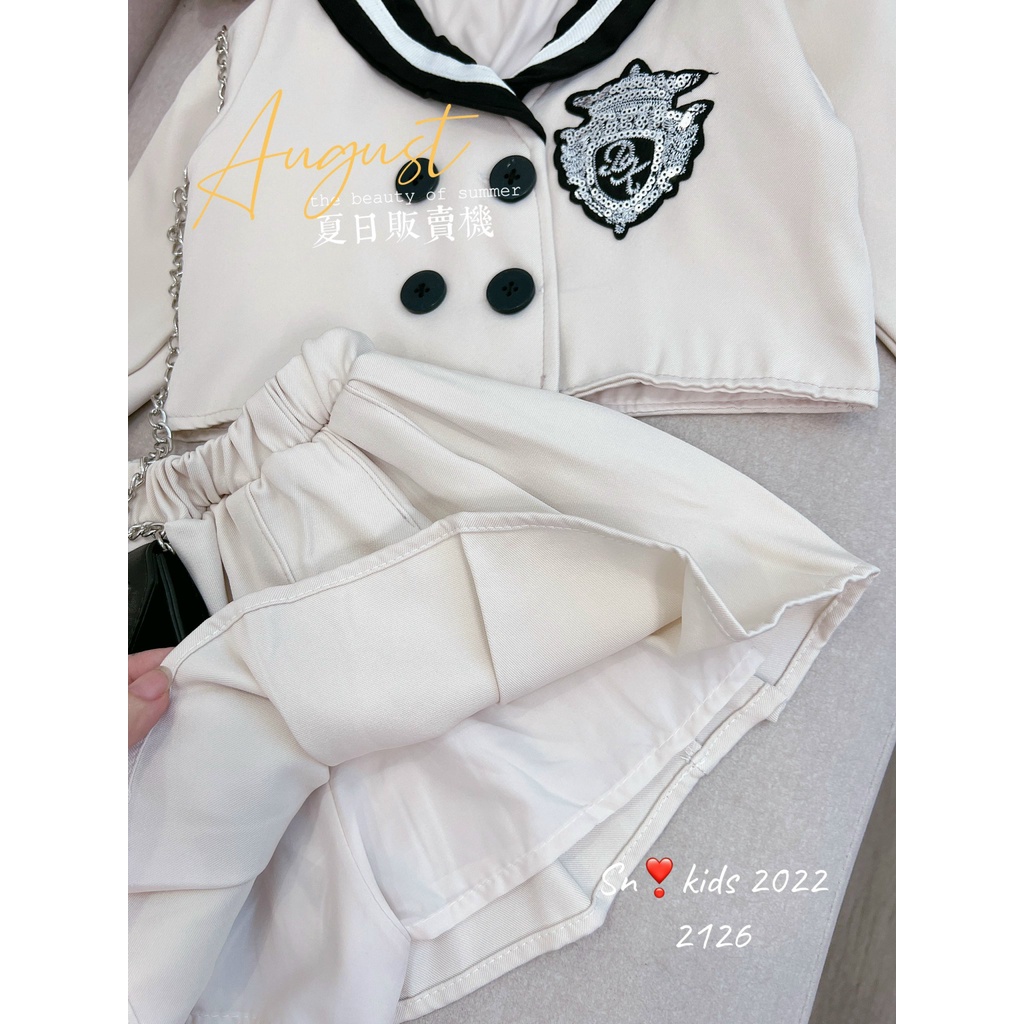 Váy cho bé gái, set áo thủy thủ kèm chân váy xếp ly logo ngực bản to cho bé 12-32kg