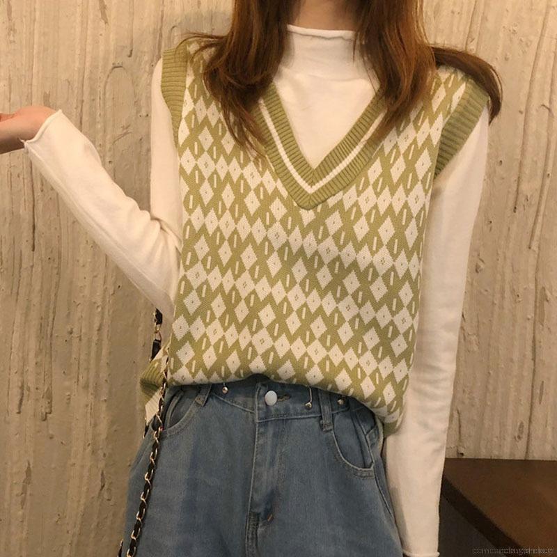 Áo dệt kim sát nách cổ chữ V màu sắc tương phản trẻ trung phong cách Hàn Quốc | BigBuy360 - bigbuy360.vn