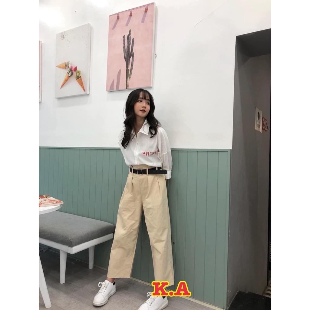 Quần ống rộng kaki cúc KA FREESHIP Chất kaki 2 màu Đen Sữa Size ML cạp cúc hot hit from rộng
