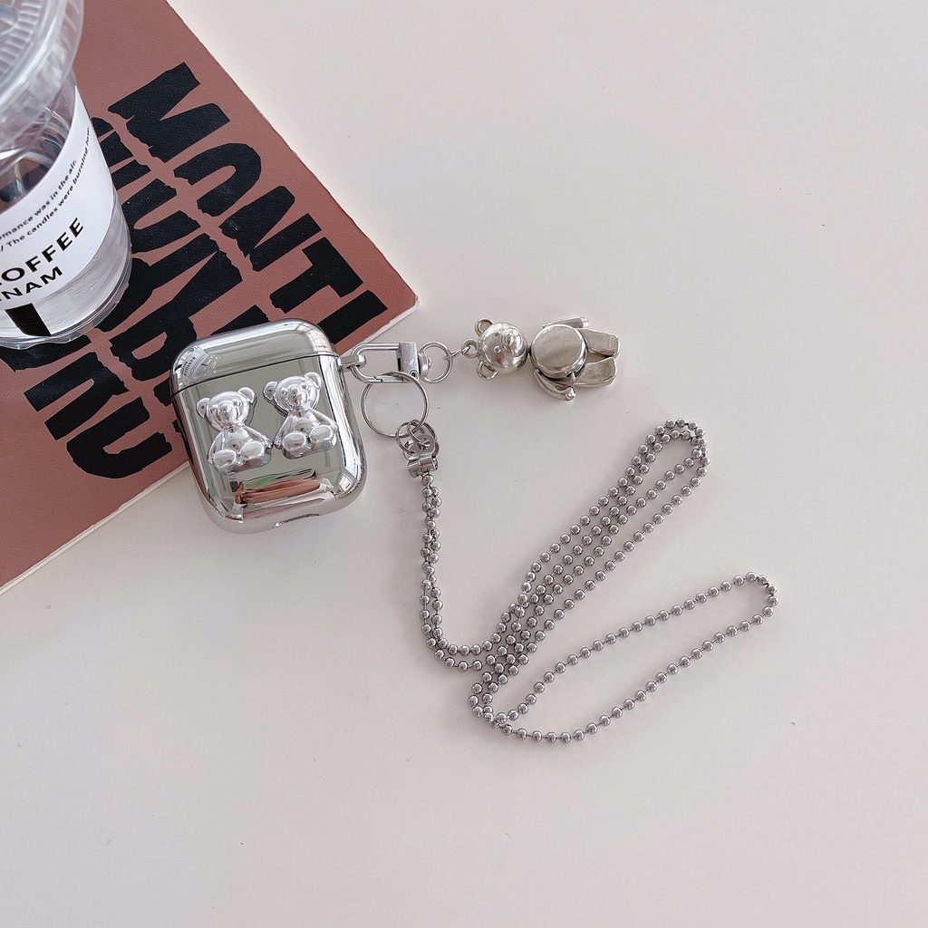 Vỏ Bảo Vệ Hộp Sạc Tai Nghe Bluetooth airpods 1/2 pro Bằng tpu Mềm Hình Gấu Màu Bạc Kèm Móc Khóa
